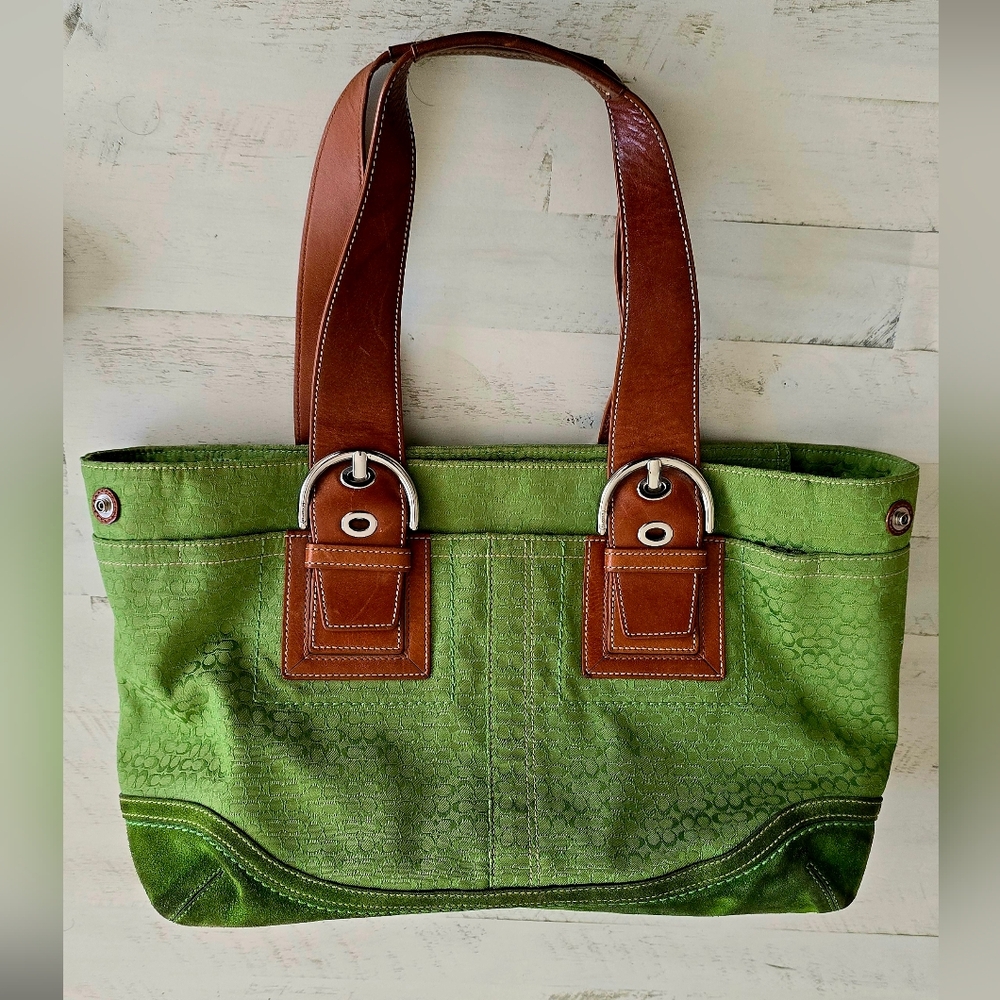 Green Coach Signature Print Tote Shoulder Bag